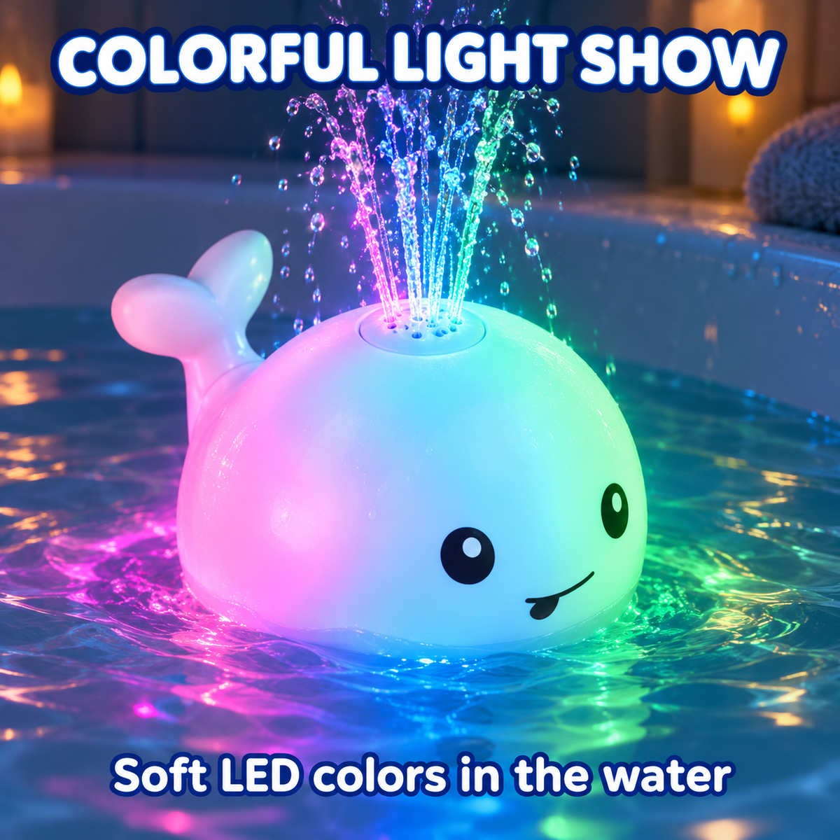 Whale bath toy glowing with colorful LED lights