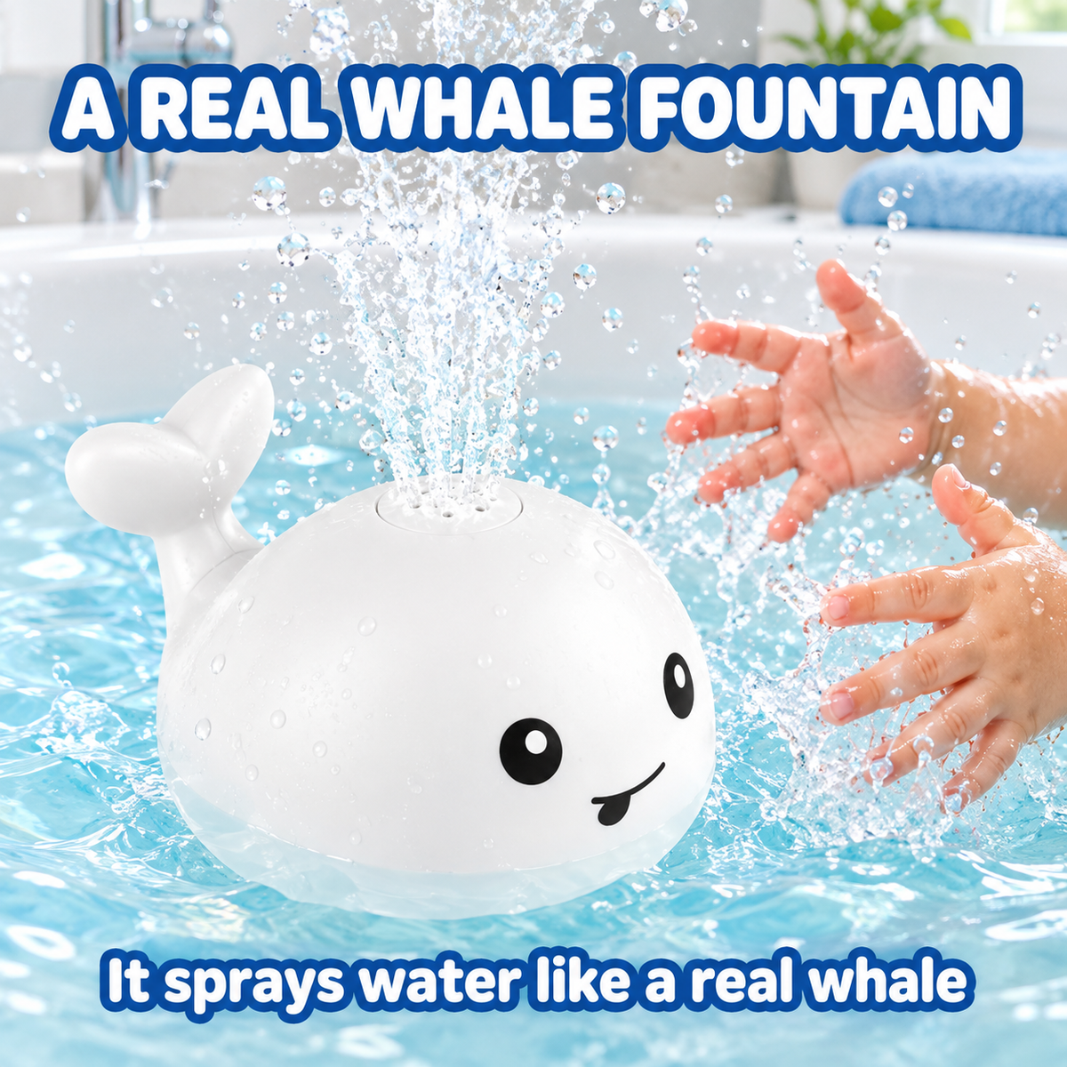 Whale bath toy spraying a water fountain in the tub