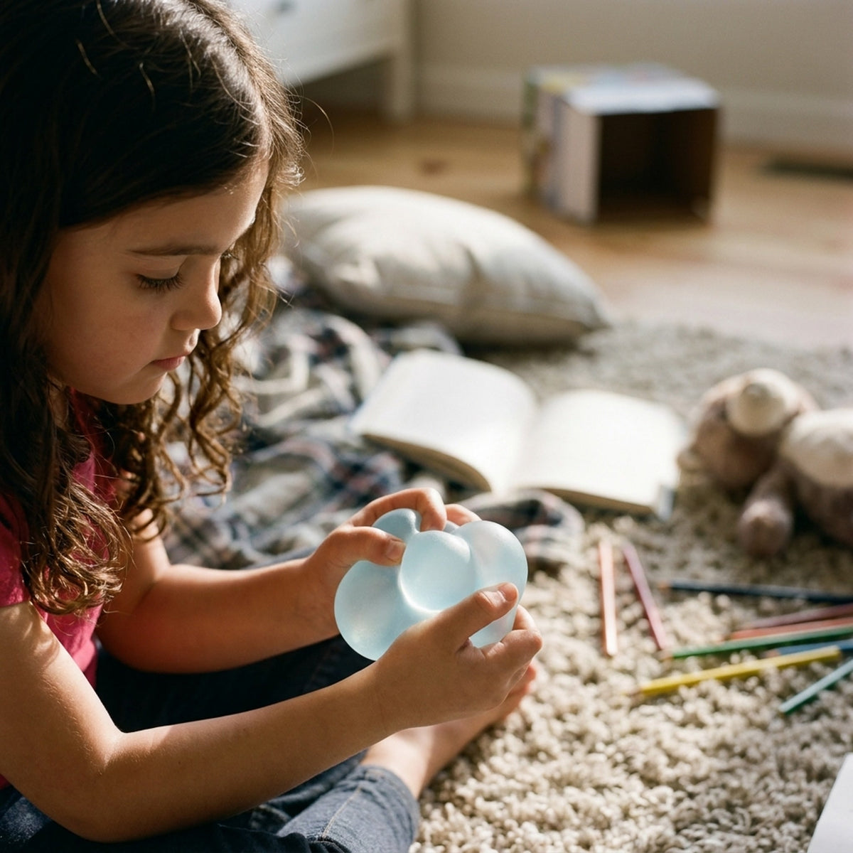 A child squeezing a blue coconut oil squishy ball on a bedroom rug