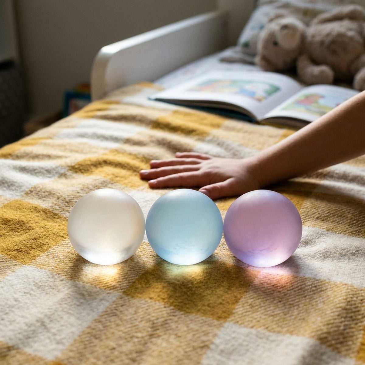 Clear, blue and purple coconut oil squishy balls lit from behind, next to a child's hand