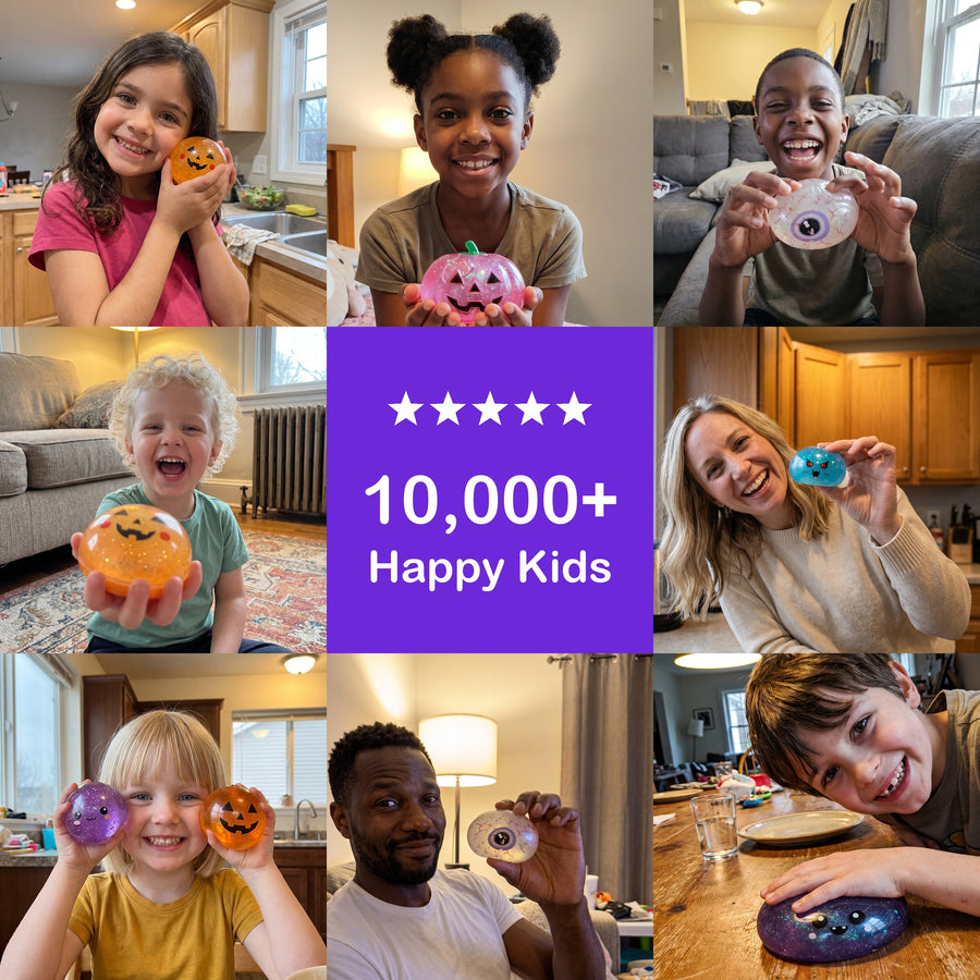 Nine photos of kids and parents holding their Whiz Toys squishy, around a five-star badge reading 10,000+ happy kids