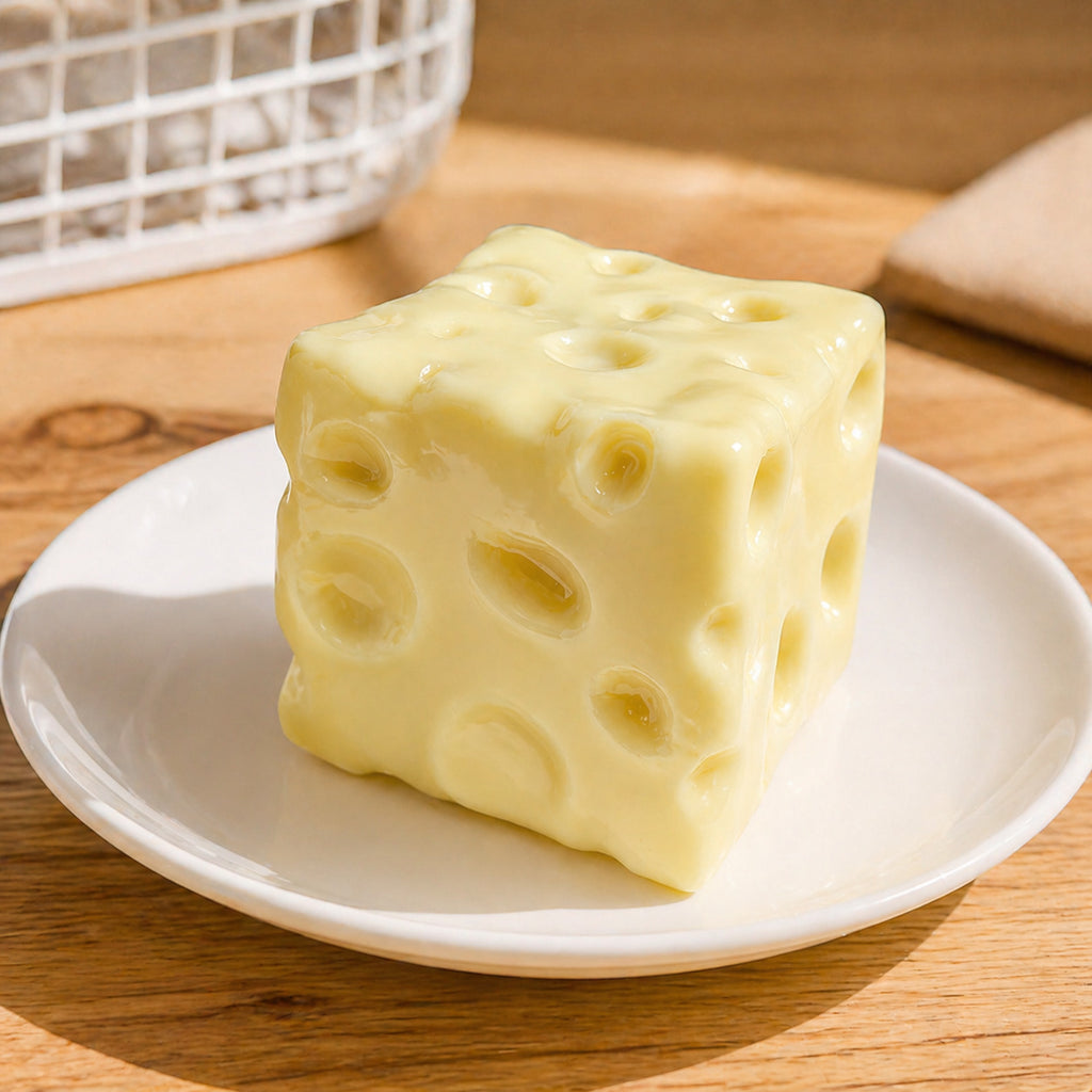 Yellow cheese squishy block on a plate