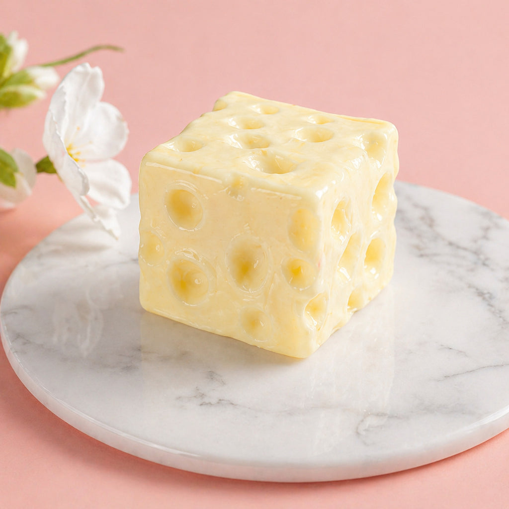 Yellow cheese squishy block on marble